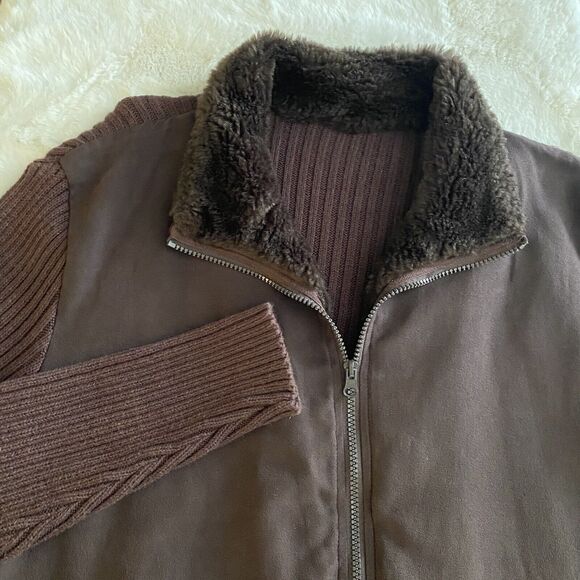 Avon Women's Brown‎ Embroidery Rib Faux Fur Suede Knit Zip Sweater Jacket Sz 2X - Picture 1 of 10
